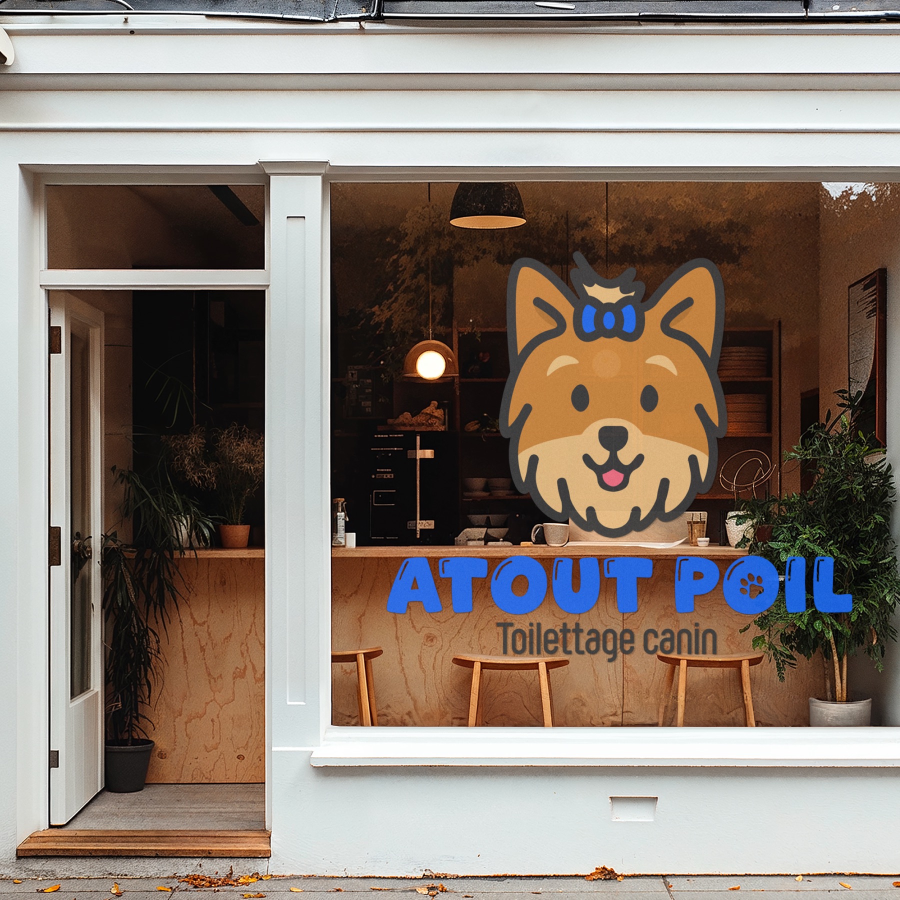 Logo Atout Poil en adhésif sur la vitrine du salon